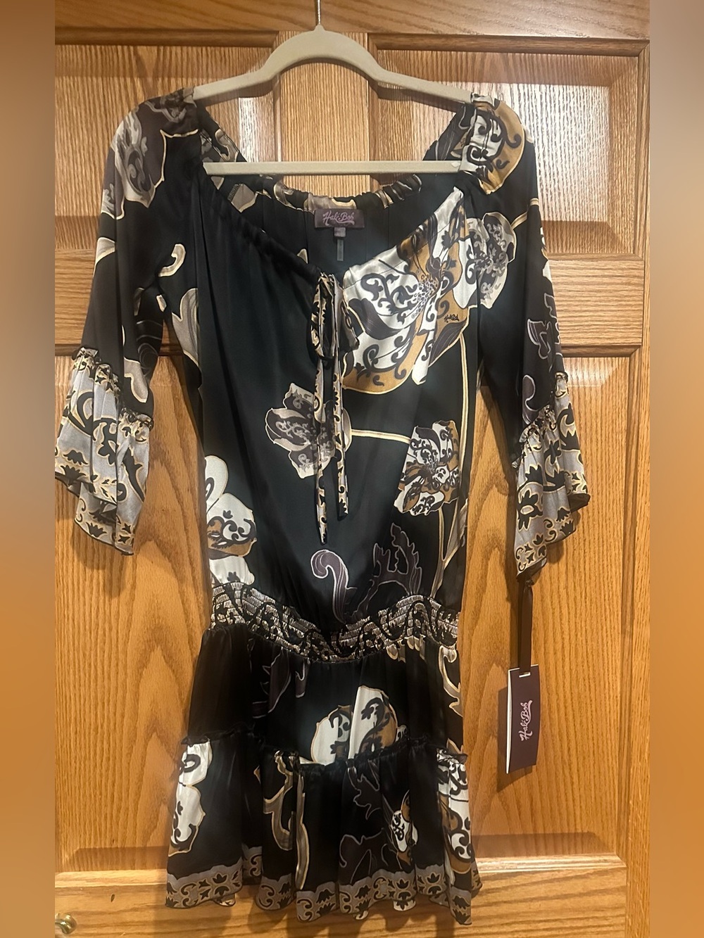 Hale Bob Black and Beige 100% Silk Floral Tie-Neck Tiered Mini Dress NWT XS - Picture 2 of 7
